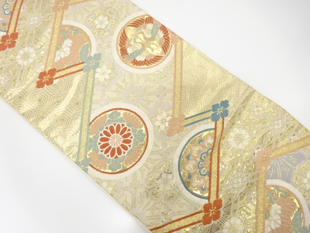 アンティーク　向かい鶴に花・華紋織り出し袋帯（材料）